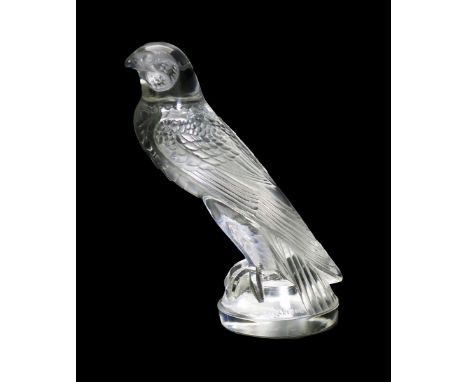 'Faucon' model no.1124 a Lalique clear and frosted glass car mascot designed by Rene Lalique, moulded R. Lalique, 15cm. high 