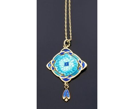 A James Fenton silver and enamel pendant necklace, diamond shape with drop, enamelled in shades of turquoise and blue stamped