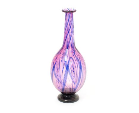 An Orrefors Graal vase by Eva Englund, dated 1986, pink glass internally decorated with blue striations, cased in clear, appl