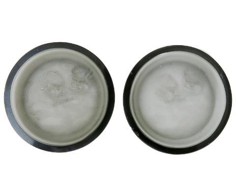 'Deux Zephyr' a pair of smoked grey frosted glass cendrier designed by Rene Lalique, stencil R Lalique and moulded R Lalique 