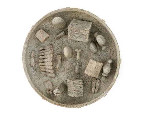 ‡ Ian Godfrey (1942-1992) a stoneware peep-hole bowl, internally modelled with a village and animals, unsigned, 21.5cm. diam.