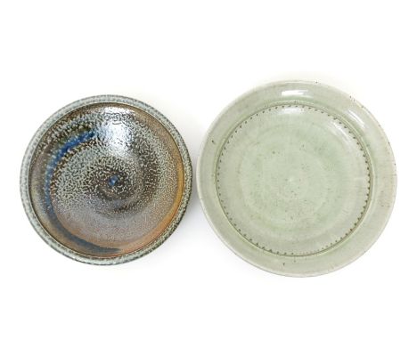 Richard Batterham (born 1936) a large stoneware platter, circular with impressed triangle repeat decoration inside rim, cover