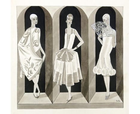 ‡ Dorte Clara Dodo Burgner, (1907-1998) Three Models at a Fashion Show, pen and ink on card with white highlights, and two pu