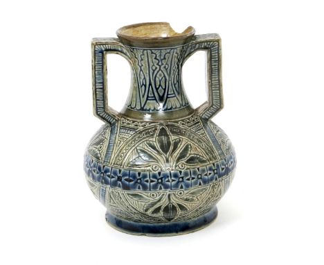 An early Martin Brothers stoneware vase by Robert Wallace Martin, dated 1875, ovoid with waisted neck and applied angular han