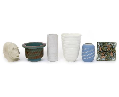 A Wedgwood Pottery vase designed by Keith Murray, ribbed, flaring cylindrical form, covered in a matt white glaze, a Wedgwood