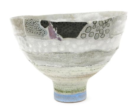 ‡ Robin Welch (born 1936) a hand-built stoneware bowl, flaring, footed form, with painted panel decoration, the foot highligh