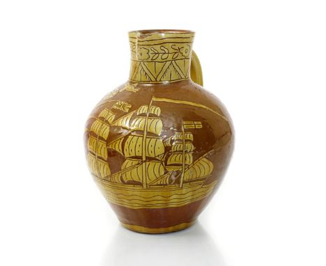 Edwin Beer Fishley (1832-1911) a Castle Fremington Pottery Nautical jug, ovoid with applied scroll handle, incised, slip deco