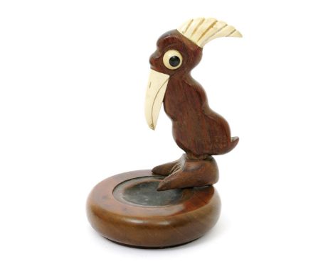 A Henry Howell & co ebony and phenol resin YZ Pelican and patinated copper novelty pipe bowl, the circular tray with bird per