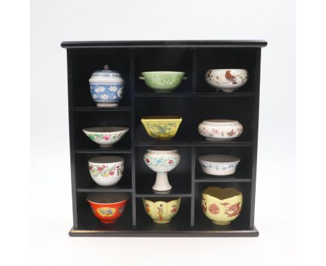 Franklin Mint 1982 miniature reproduction bowls, Treasures of the Japanese Dynasties, twelve bowls in display stand. Not avai