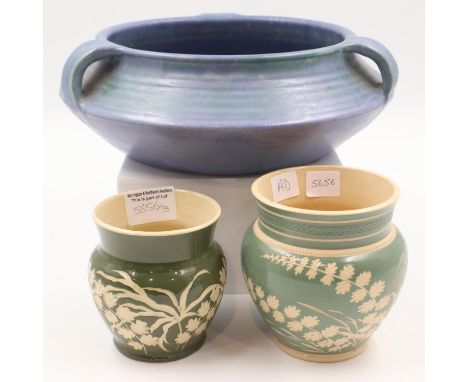 Large tri-handled 'Upchurch' Studio pottery bowl, D: 30cm, with two green studio vases. Not available for in-house P&amp;P