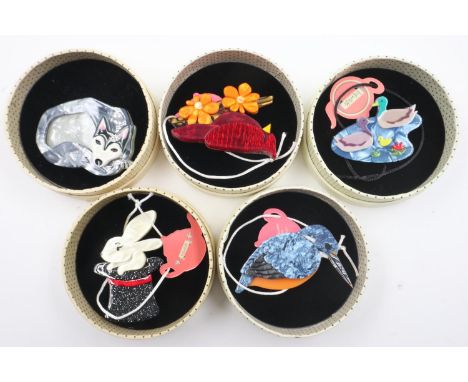 Five Erstwilder boxed brooches, 'Royal Reeler', 'Ducks And Drakes', 'Sammy Snow Dog', 'Ruby Red Cardinal' and 'Trixie Bunny H