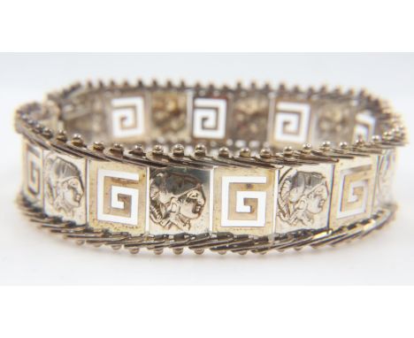 Silver Greek Key and Greek profile head pattern bracelet, 13g. UK P&amp;P Group 0 (£6+VAT for the first lot and £1+VAT for su