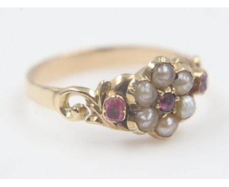 Victorian 18ct gold (tested) ruby and pearl ring, 2.0g, size M. UK P&amp;P Group 0 (£6+VAT for the first lot and £1+VAT for s