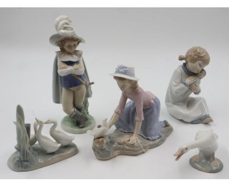 Five mixed Nao and Lladro figurines, loss to geese figural group. UK P&amp;P Group 3 (£30+VAT for the first lot and £8+VAT fo