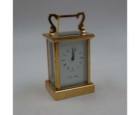 JOHN MORLEY: brass carriage clock with original box, key and paperwork, H: 15 cm. UK P&amp;P Group 2 (£20+VAT for the first l