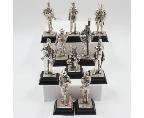 Ten Royal Hampshire polished pewter military figures on wooden plinths, largest H: 12cm. UK P&amp;P Group 2 (£20+VAT for the 