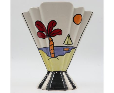 Lorna Bailey fan vase in the Tropicana pattern, no cracks or chips, H; 21 cm. UK P&amp;P Group 2 (£20+VAT for the first lot a