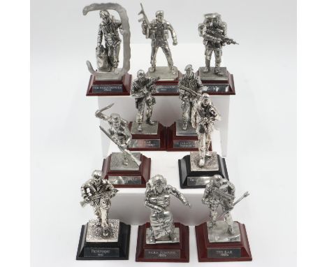 English Miniatures: ten polished pewter military figures on wooden plinths, largest H: 12cm. UK P&amp;P Group 2 (£20+VAT for 