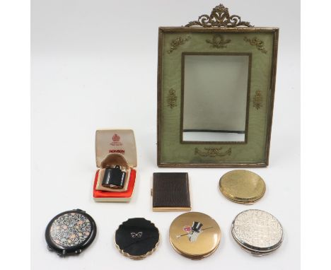 Six vintage ladies compacts including Stratton examples with a boxed Ronson Variflame lighter and an ormolu photograph frame,