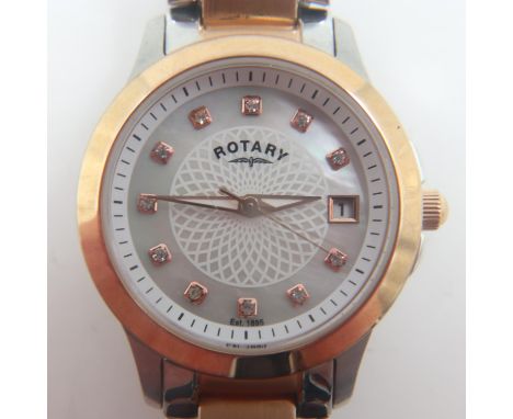 ROTARY: Ladies two-tone steel cased wristwatch with stone-set chapters and date aperture, requires battery. UK P&amp;P Group 