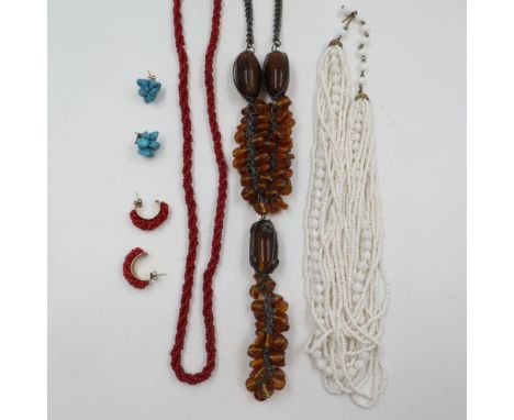 Baltic Amber and coral beaded necklaces, with a pair of turquoise earrings. UK P&amp;P Group 1 (£16+VAT for the first lot and