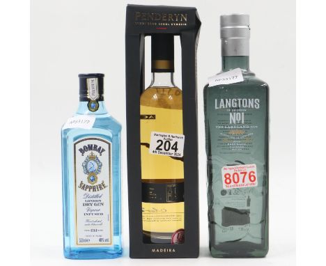 Bombay Sapphire Gin 50cl, Langtons No1 Gin 70cl and Penderyn Welsh whisky 35cl. UK P&amp;P Group 3 (£30+VAT for the first lot