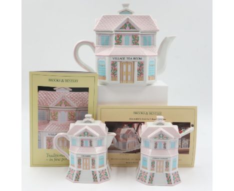 Brooks and Bentley Village teapot with milk jugs and sugar bowl, largest H: 18 cm. Not available for in-house P&amp;P