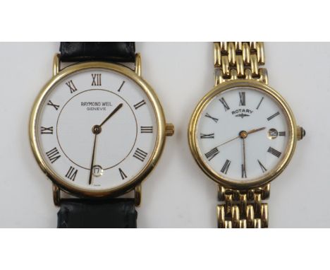 RAYMOND WEIL: Gents gold plated wristwatch on a black leather strap, and a ladies gold plated Rotary wristwatch. UK P&amp;P G