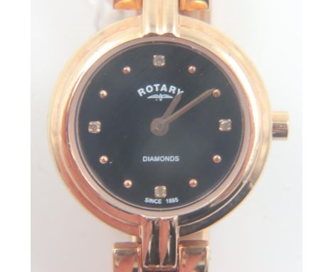 ROTARY: ladies rose gold plated steel cased wristwatch from the Diamonds range, stone-set quarter chapters against a black di