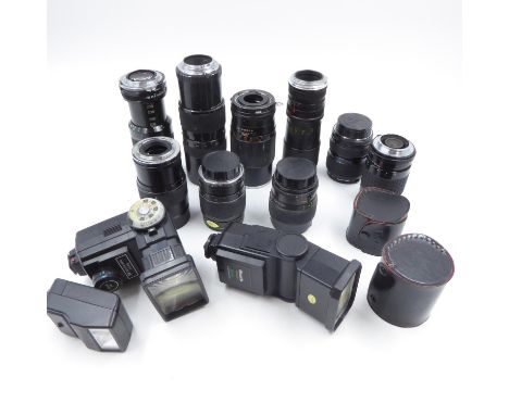 Mixed camera lenses and flash units, lenses including Olympus, Canon. Not available for in-house P&amp;P