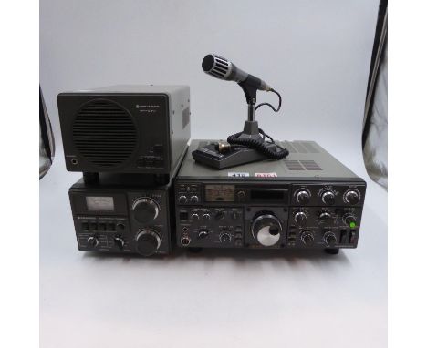 Kenwood TS-830S Ham radio transceiver, Kenwood AT-230 antenna tuner, Kenwood SP-230 speaker and a Kenwood MC-60 desk mic. All