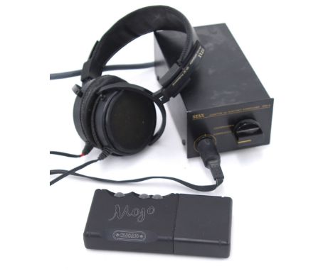 Mojo Chord headphone amplifier, missing cable; together with a Stax SRD-4 ear speaker adapter