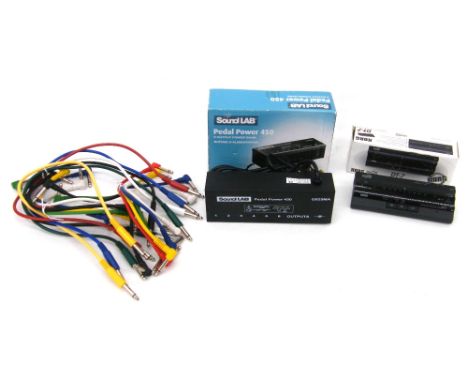 Sound Lab Pedal Power 450 power bank, boxed; together with a Korg DT-7 chromatic tuner and a quantity of patch cables