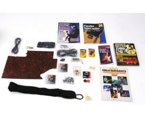 Selection of guitar spares including locking strap buttons, tuners, knobs, also five various guitar books to include Tony Bac