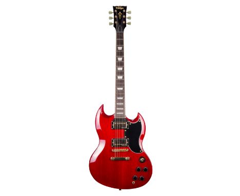 Vintage SG style electric guitar, ser. no. I16xxxx63; Finish: cherry; Fretboard: rosewood; Frets: good; Electrics: working; H