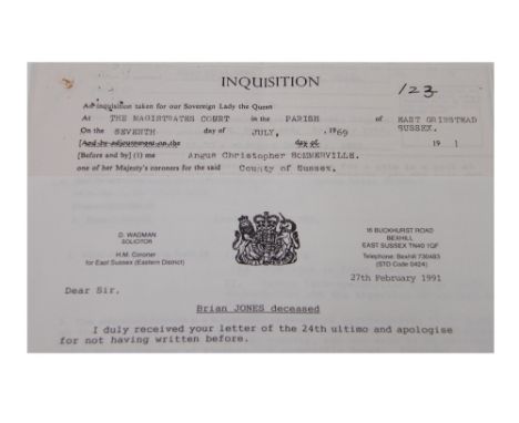 Brian Jones interest or research - copy documents related to the inquest of Brian Jones of the Rolling Stones *Obtained by th