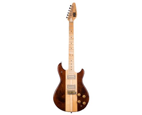 1980s Vox Custom 25 electric guitar, made in Japan, ser. no. 1xxxx1; Finish: natural maple and walnut; Fretboard: maple; Fret