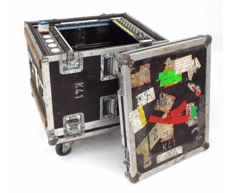 Tears for Fears - Bulldog Cases flight case in wheels, no. K41, bearing various cargo labels, enclosing a racking system with
