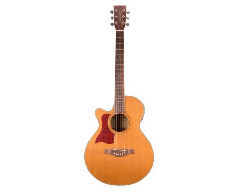 Tanglewood TW45NSLH left-handed electro-acoustic guitar; Back and sides: mahogany; Table: natural spruce, minor blemishes; Fr