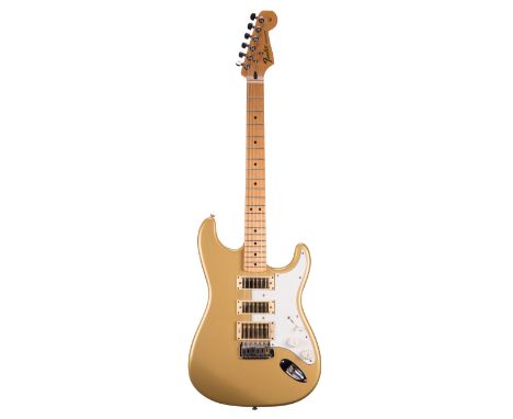 Custom build Strat style electric guitar comprising 2012 Fender Mexican Stratocaster neck, metallic gold finish Strat body, I
