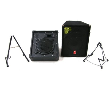 Fender 112-ELC PA speaker; together with a wedge monitor speaker and two A-frame guitar stands (4)