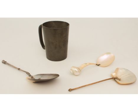 Three mother of pearl caviar serving spoons - one Danish, with silver-plated handle, maker's mark 'L&amp;MV', c.1900,&nbsp;23