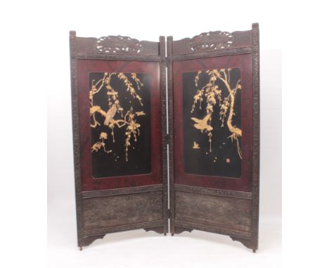 A two-fold Japanese lacquered and Shibayama room screen - early 20th century, the signed Shibayama panels depicting birds ami