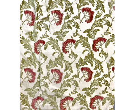 One pair of curtains. Cream cotton mix ground with dark coral and sage green raised chenille, stylised, floral and foliage de