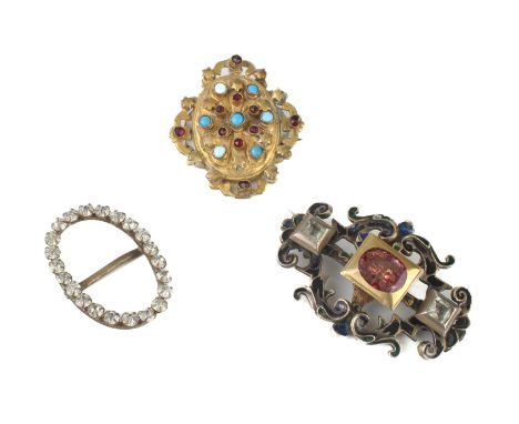 An antique rolled gold, silver, enamel and rock crystal brooch - possibly 18th century, of foliate cartouche form, centred wi