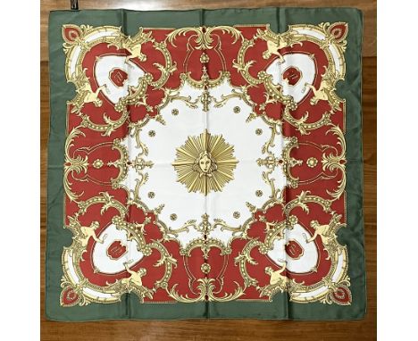 Two Laurent-Perrier silk scarves - in the Hermes style, of similar design, in two different colourways, with labels, 83 x 87.