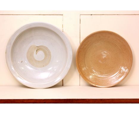 Winchcombe Pottery: two stoneware studio pottery dishes, probably by Ray Finch (1914-2012) - one of shallow form with a flatt