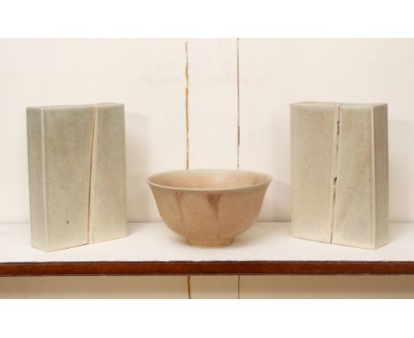 Peter Care (British, Filkins, nr. Lechlade): a pair of two-part studio pottery sculptures - in a crystalline mottled green an