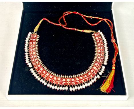 A reversible antique Indian silver gilt, pearl, citrine, enamel and garnet fringe necklace - probably second quarter 20th cen