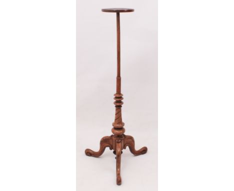 A mahogany tripod torchere, mid-19th century and later - converted from a pole screen, the slightly dished top on a ring and 